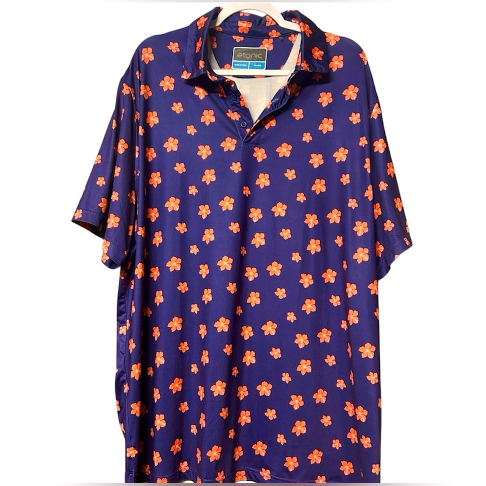 Etonic 2XL -  Blue Polo Red/Pink Flowers 3 Button Collar Golf Shirt.